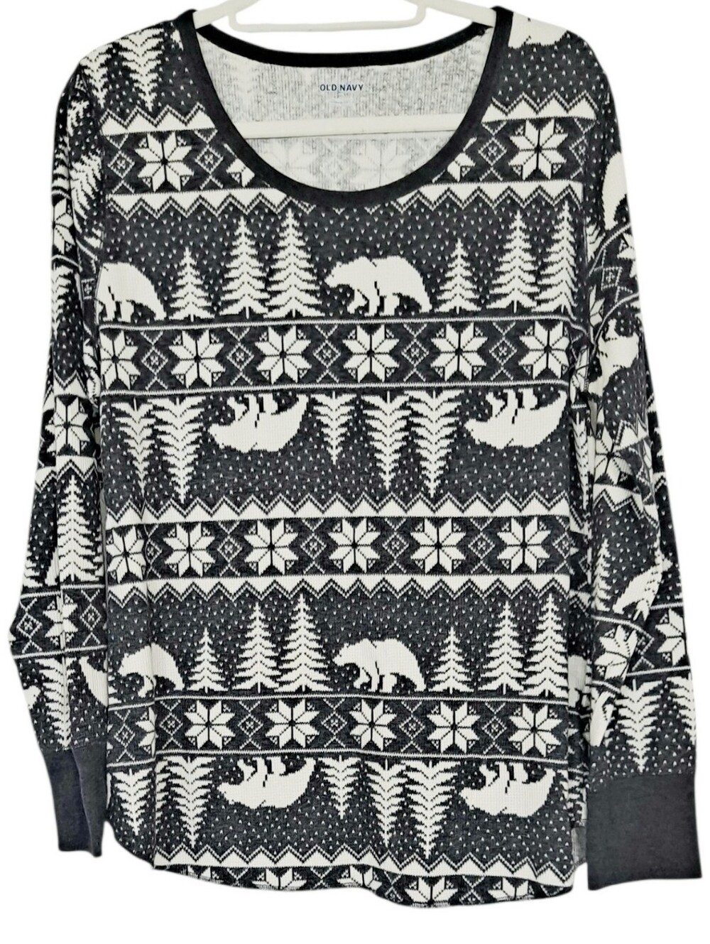 Old Navy Women's Thermal Knit Waffle Knit Long Sleeve Bear Fair Isle Top XL